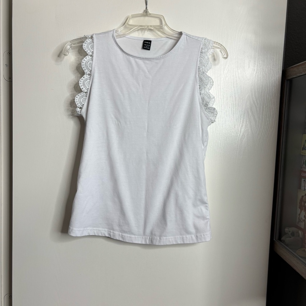 SHEIN White Ruffled Sleeveless Lace Trim Tank Top, Size Small White Top - Picture 4 of 6